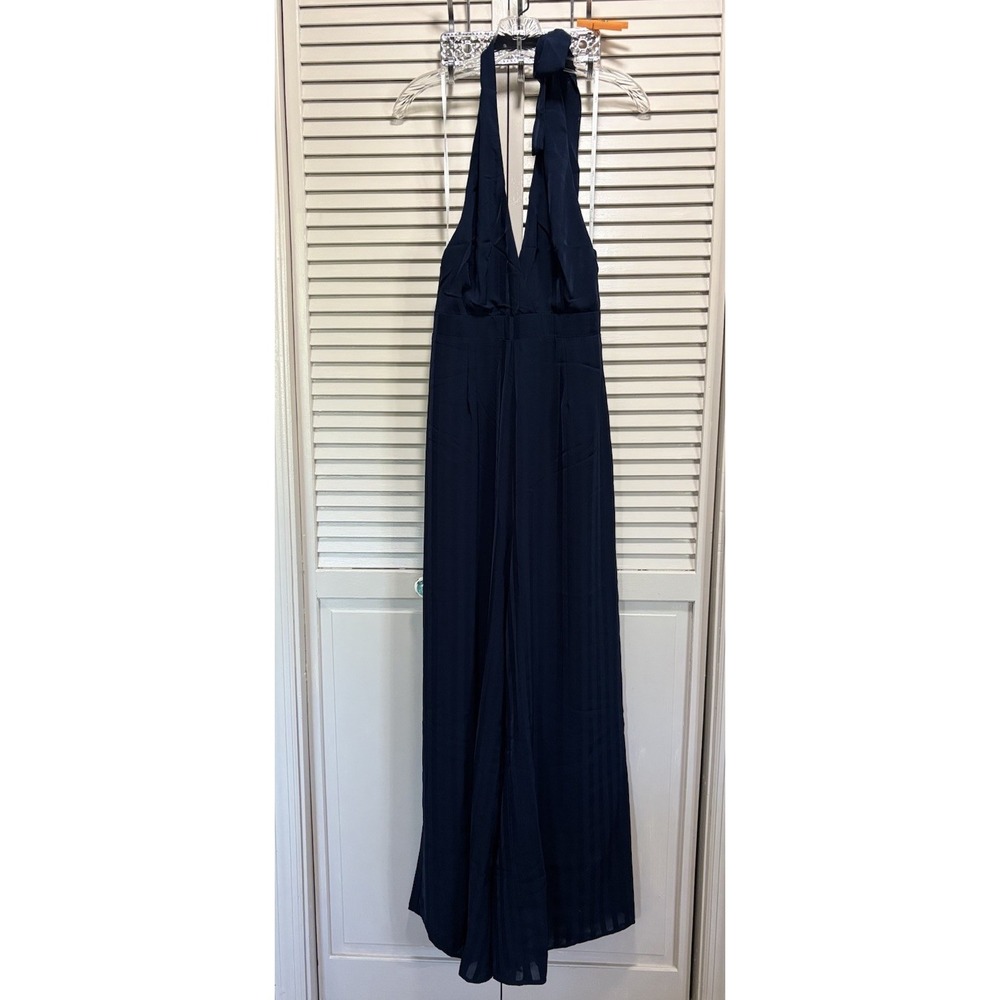 Lulus Navy Blue Halter Wide Leg Pant Jumpsuit Size Large Lined Zip Back Chiffon